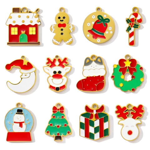 Stainless Steel Christmas Enamel Charms For DIY Jewelry Making Snowman Reindeer Santa House Stocking Pendants Gift Accessories