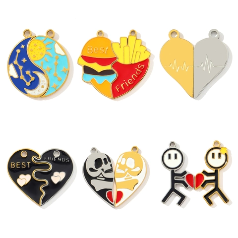 Stainless Steel Enamel Heart Burger Fries Sun Moon Puzzle Matching Pendants For Best Friends Couples French Vintage Jewelry