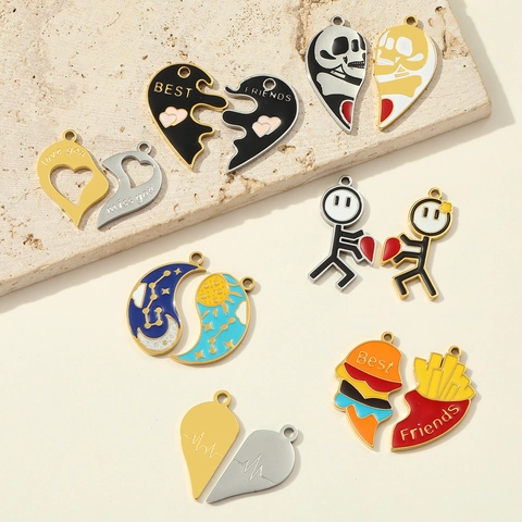 Stainless Steel Enamel Heart Burger Fries Sun Moon Puzzle Matching Pendants For Best Friends Couples French Vintage Jewelry