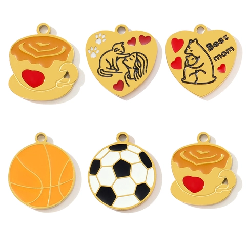 Stainless Steel Enamel Sports Basketball Football Heart Mom Coffee Cup Pendants For DIY Jewelry Making Necklace Accessory