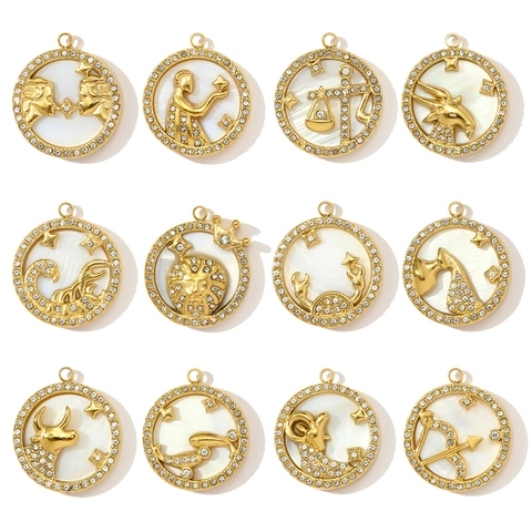 French Vintage Stainless Steel Zodiac Pendant With Mother Of Artificial Pearl Shell And Rhinestone Gold Plated Round Coin DIY Charm