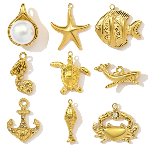 Gold Plated Stainless Steel Marine Animal DIY Pendants For Jewelry Making Mermaid Starfish Crab Turtle Anchor Charms