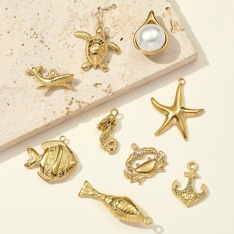 Gold Plated Stainless Steel Marine Animal DIY Pendants For Jewelry Making Mermaid Starfish Crab Turtle Anchor Charms