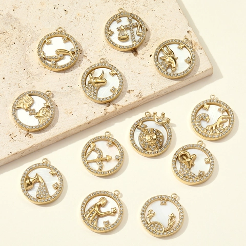 French Vintage Stainless Steel Zodiac Pendant With Mother Of Artificial Pearl Shell And Rhinestone Gold Plated Round Coin DIY Charm