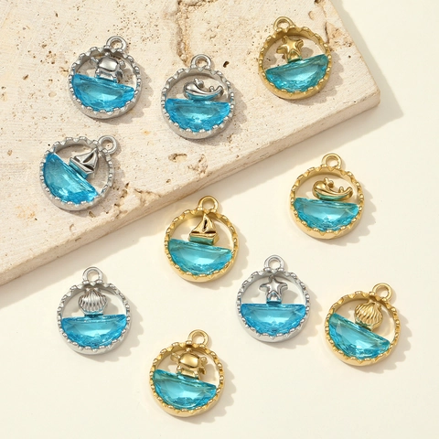 Stainless Steel Ocean Theme Blue Zircon Pendants Turtle Whale Starfish Shell Sailboat Round Charms For DIY Jewelry Making