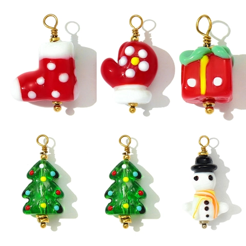 Christmas Snowman Tree Gift Box Glove Sock Lampwork Glass Pendants With Stainless Steel Ring For DIY Jewelry Making Women Accessories