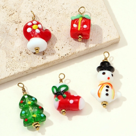 Christmas Snowman Tree Gift Box Glove Sock Lampwork Glass Pendants With Stainless Steel Ring For DIY Jewelry Making Women Accessories