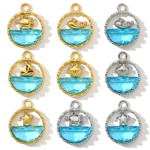 Stainless Steel Ocean Theme Blue Zircon Pendants Turtle Whale Starfish Shell Sailboat Round Charms For DIY Jewelry Making