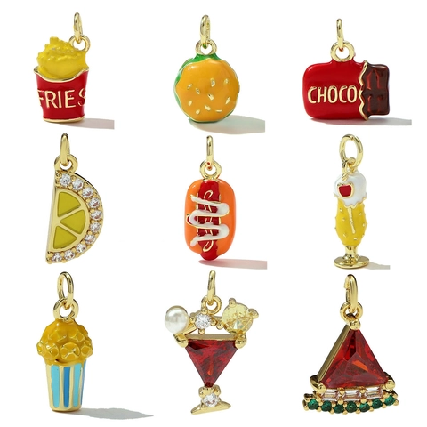 Copper Enamel Food Drink Pendants For DIY Jewelry Making French Fries Hamburger Popcorn Cocktail Hotdog Zircon Charm