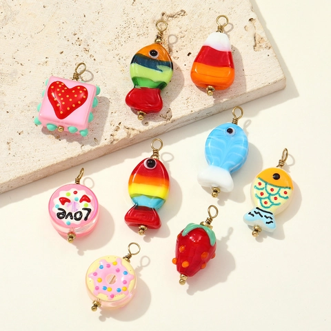 Colgante de Vidrio Soplado Hecho a Mano Pez Fresa Rosquilla Con Gancho de Acero Inoxidable para Collar Pendientes Joyería DIY