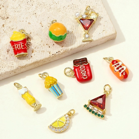 Copper Enamel Food Drink Pendants For DIY Jewelry Making French Fries Hamburger Popcorn Cocktail Hotdog Zircon Charm