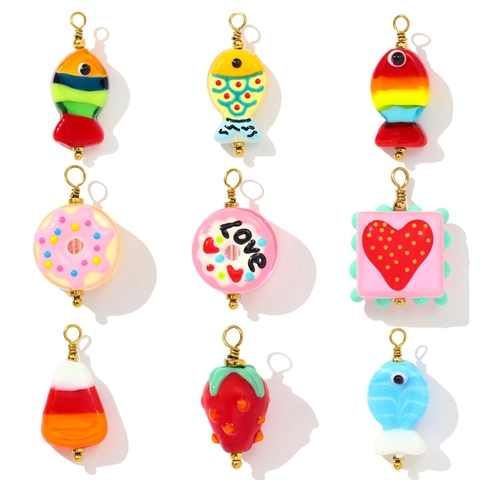 Colgante de Vidrio Soplado Hecho a Mano Pez Fresa Rosquilla Con Gancho de Acero Inoxidable para Collar Pendientes Joyería DIY