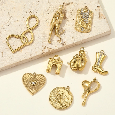 Vintage Stainless Steel Pendants For Jewelry Making Gold Plated Charms Heart Scorpio Moon Cat Boot Couple DIY Accessories