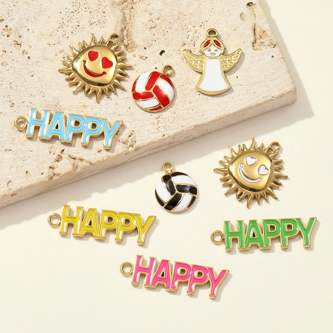 DIY Stainless Steel Enamel Pendants Sun Angel Volleyball Happy Letter Charms For Necklace Earring Jewelry Making Accessory