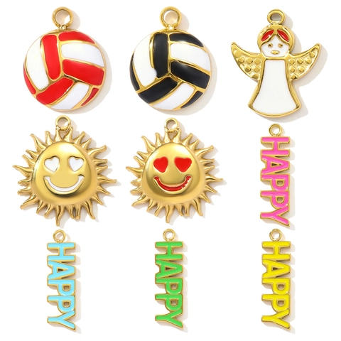 DIY Stainless Steel Enamel Pendants Sun Angel Volleyball Happy Letter Charms For Necklace Earring Jewelry Making Accessory