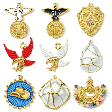 Vintage Stainless Steel Enamel Eagle Saint Benedict Medal Pendants For Women DIY Jewelry Shield Cowboy Hat Tassel Charms