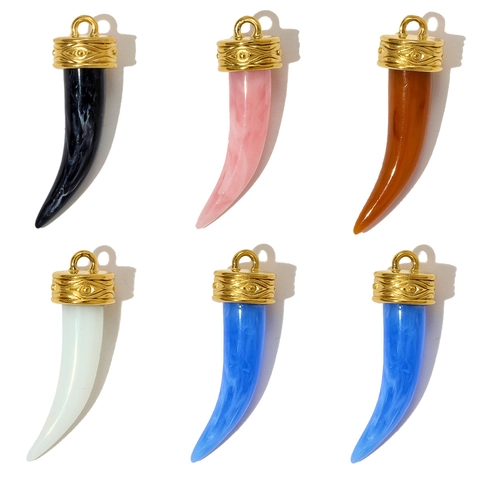 Bohemian Stainless Steel Resin Horn Pendants For Women Vintage Evil Eye Relief Wolf Tooth Pendants DIY Jewelry Making Accessory