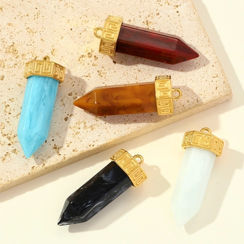 Edelstahl Harz Sechseckige Säule Anhänger Vintage Griechischer Schlüssel Muster Marmor Textur Prisma Charm Für DIY Schmuck