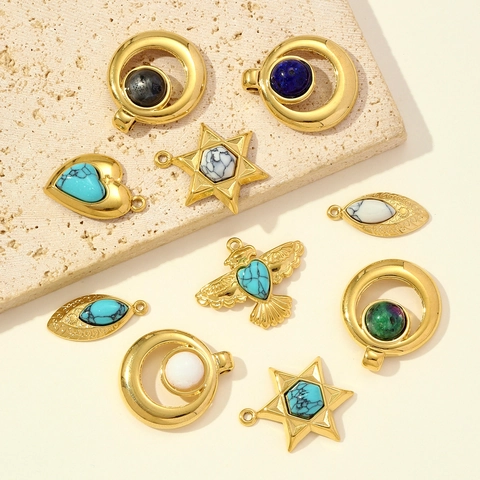Vintage Stainless Steel Natural Stone Pendants For DIY Jewelry Making Gold Plated Hexagram Heart Bird Charms Pendants