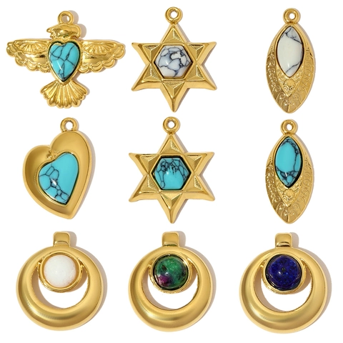 Vintage Stainless Steel Natural Stone Pendants For DIY Jewelry Making Gold Plated Hexagram Heart Bird Charms Pendants