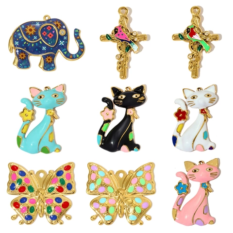 Bunte Emaille Edelstahl Tier Anhänger Für Damen DIY Halskette Herstellung Elefant Katze Schmetterling Kreuz Form Schmuck Charms