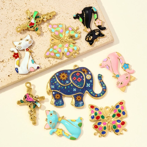 Bunte Emaille Edelstahl Tier Anhänger Für Damen DIY Halskette Herstellung Elefant Katze Schmetterling Kreuz Form Schmuck Charms