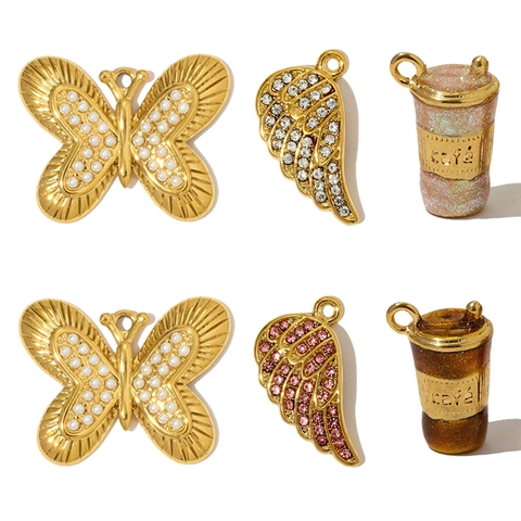 Stainless Steel 3D Butterfly Wing Coffee Cup Pendants Gold Electroplated Rhinestone Artificial Pearl DIY Jewelry Charms