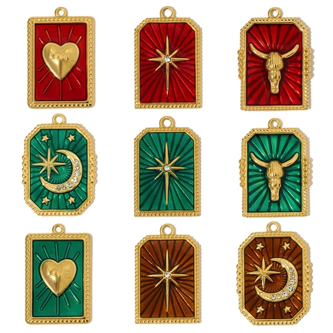 Vintage Stainless Steel Enamel Heart Star Moon Bull Head Pendant Rhinestone Love Letter DIY Jewelry Making Necklace Charm Only