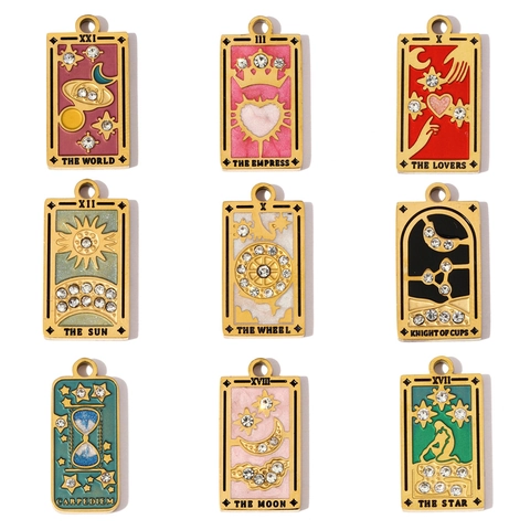 Vintage Stainless Steel Tarot Card Pendants With Rhinestones Sun Moon Star Lovers Empress Mystical DIY Jewelry Making Charms