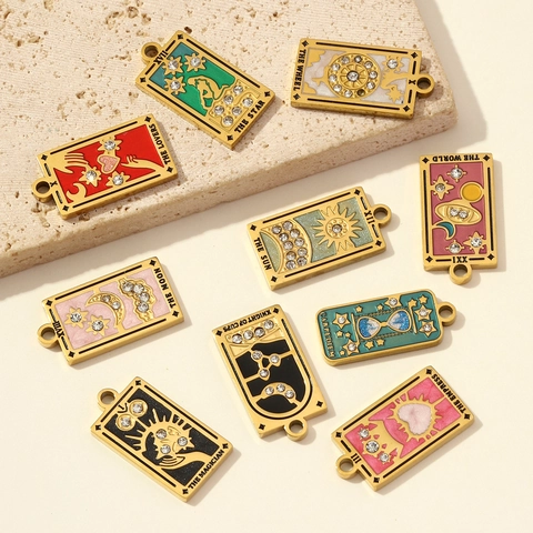Vintage Stainless Steel Tarot Card Pendants With Rhinestones Sun Moon Star Lovers Empress Mystical DIY Jewelry Making Charms