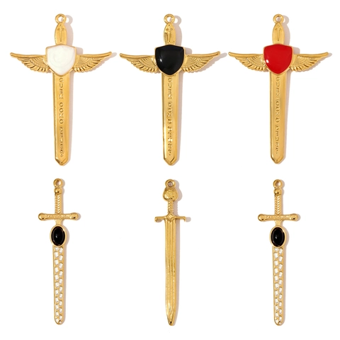 Vintage Stainless Steel Sword Cross Pendant For Jewelry Making Religious Archangel Saint Michael Winged Sword Enamel DIY Charm Necklace Accessory
