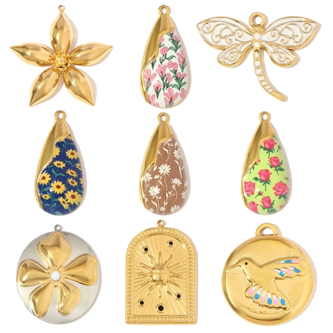 Diy Stainless Steel Pendant Necklace Charms For Jewelry Making Hummingbird Sun Flower Dragonfly Rose Daisy Enamel Gold Pendants