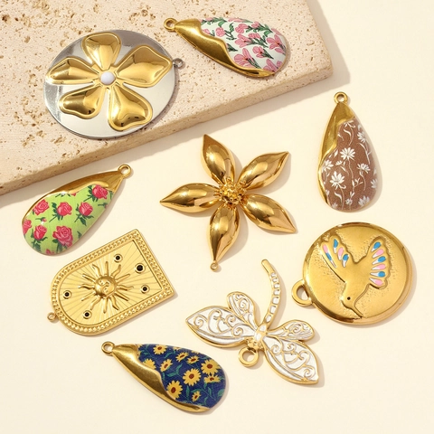 Diy Stainless Steel Pendant Necklace Charms For Jewelry Making Hummingbird Sun Flower Dragonfly Rose Daisy Enamel Gold Pendants