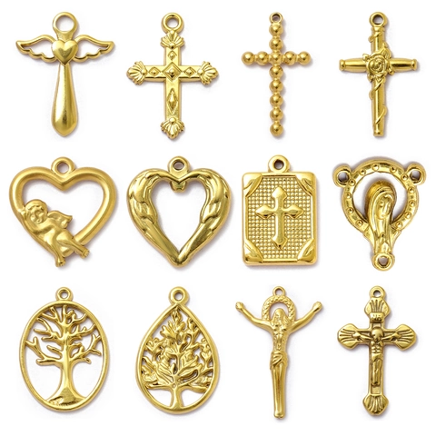 Stainless Steel DIY Pendant Charms Gold Religious Cross Heart Tree Of Life Angel Wings For Jewelry Making Necklace Findings