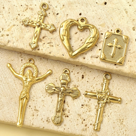 Stainless Steel DIY Pendant Charms Gold Religious Cross Heart Tree Of Life Angel Wings For Jewelry Making Necklace Findings