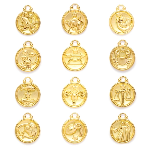 Zodiac Stainless Steel Pendants Charms Gold Plated Embossed Twelve Constellations Round Coin For DIY Necklace Bracelet Jewelry Making Women
