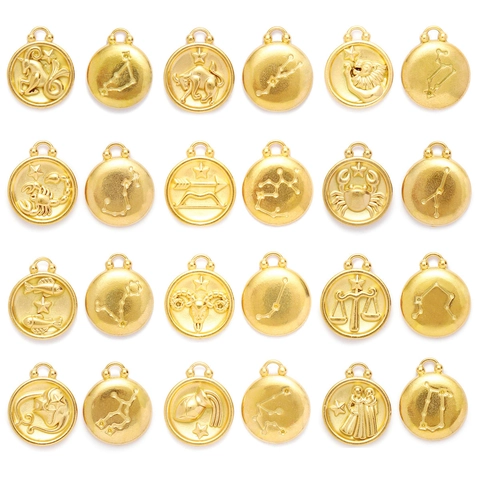 Zodiac Stainless Steel Pendants Charms Gold Plated Embossed Twelve Constellations Round Coin For DIY Necklace Bracelet Jewelry Making Women