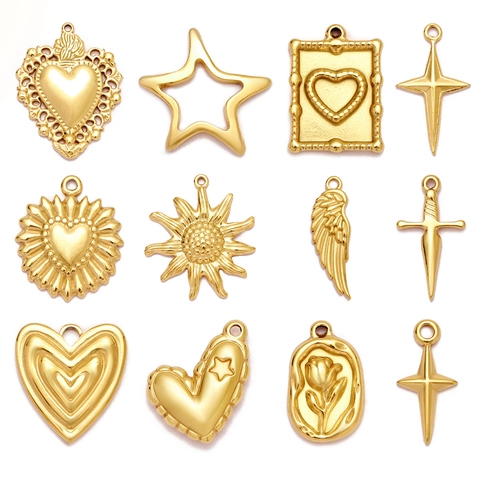 Vintage Gold Plated Stainless Steel Heart Star Sun Wing Dagger Charms For DIY Necklace Earring Jewelry Making Pendants Women