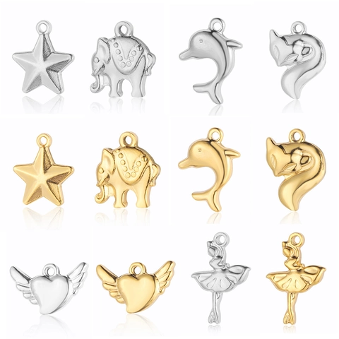 Stainless Steel Animal Star Heart Dolphin Fox Elephant Ballerina Pendants For DIY Jewelry Making Gold Silver Charms