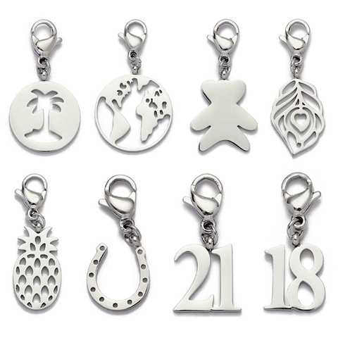 Stainless Steel DIY Pendants With Lobster Clasp Number 18 21 Bear Pineapple Horseshoe Coconut Tree Map Charms For Jewelry Making
