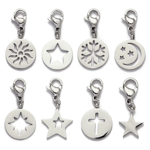 Stainless Steel Star Moon Sun Snowflake Cross Pendant Charms With Lobster Clasp DIY Jewelry Making Accessories Gold Silver