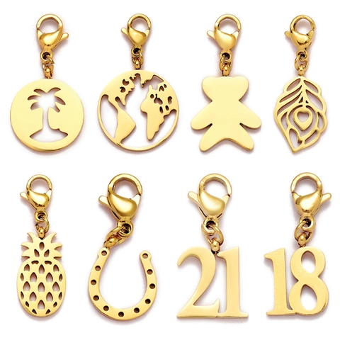 Stainless Steel DIY Pendants With Lobster Clasp Number 18 21 Bear Pineapple Horseshoe Coconut Tree Map Charms For Jewelry Making