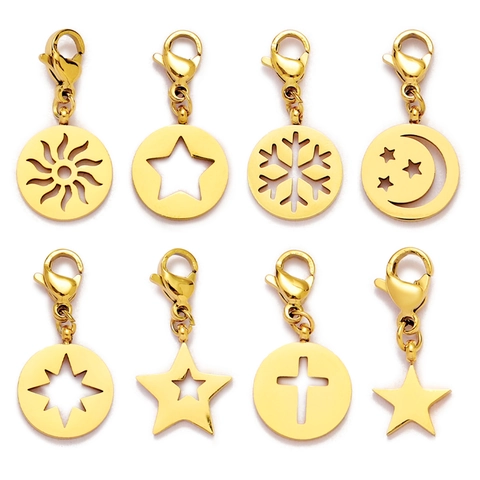 Stainless Steel Star Moon Sun Snowflake Cross Pendant Charms With Lobster Clasp DIY Jewelry Making Accessories Gold Silver