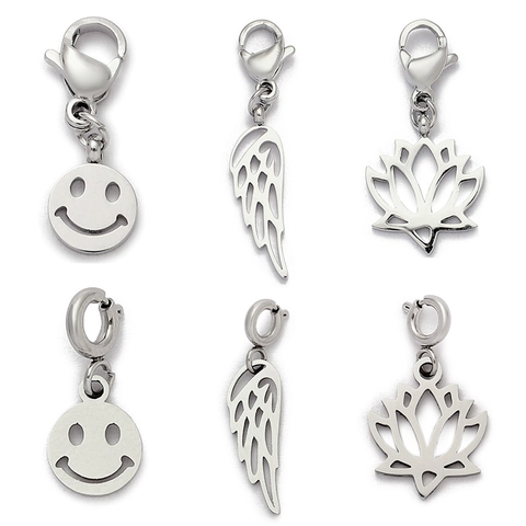 Stainless Steel Smiley Face Wing Lotus DIY Charms Pendants With Lobster Clasp Spring Ring For Necklace Bracelet Making