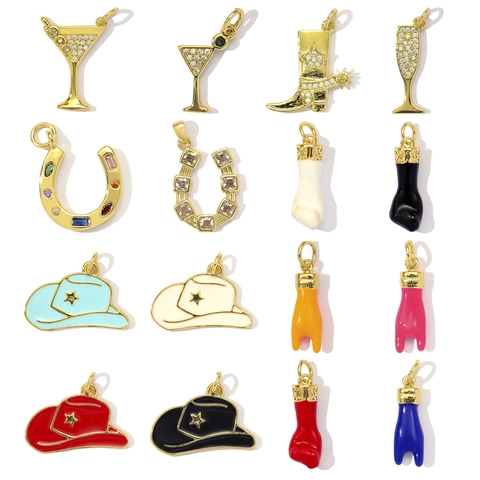 Vintage Copper Zirconia Enamel Cowboy Hat Boot Pendant Charm DIY Jewelry Making Wine Glass Horseshoe Accessory For Women