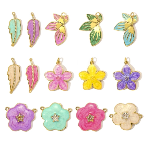 Ciondolo per Collana Fai da Te a Forma di Fiore di Ciliegio e Foglia in Rame e Zirconia Smaltato Gioielli
