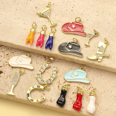 Vintage Copper Zirconia Enamel Cowboy Hat Boot Pendant Charm DIY Jewelry Making Wine Glass Horseshoe Accessory For Women