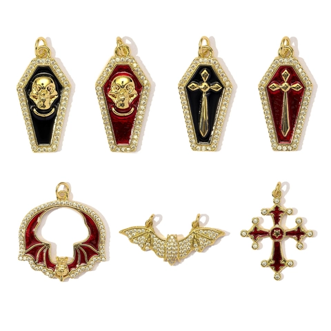 Colgante de Cruz de Calavera de Murciélago de Cobre Zirconia Vintage Gótico para Accesorios de Collar de Joyería de Bricolage Regalo de Mujeres de Halloween