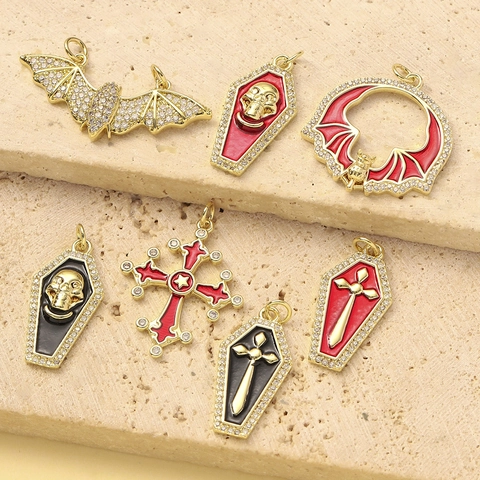 Colgante de Cruz de Calavera de Murciélago de Cobre Zirconia Vintage Gótico para Accesorios de Collar de Joyería de Bricolage Regalo de Mujeres de Halloween