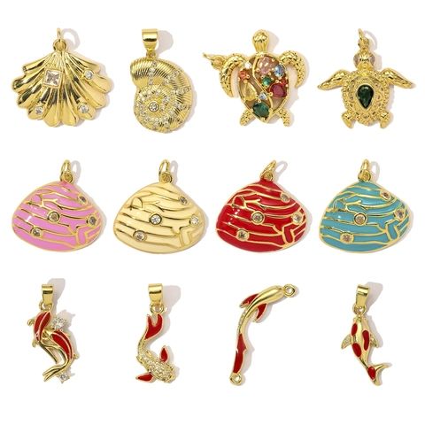 DIY Ocean Series Copper Zirconia Pendants Lucky Koi Fish Snail Shell Turtle Enamel Charms For Necklace Jewelry Making Women